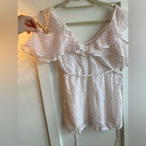 Motherhood maternity top with ruffle shoulders and coral pink dots.